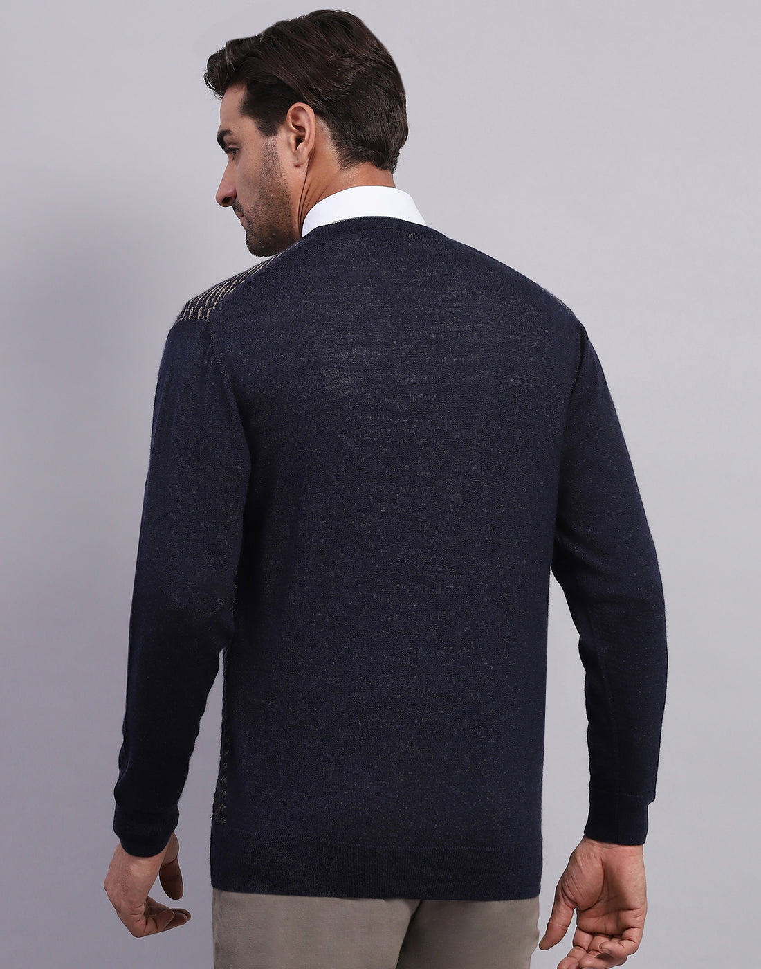 Men Navy Blue Self Design V Neck Full Sleeve Pullover