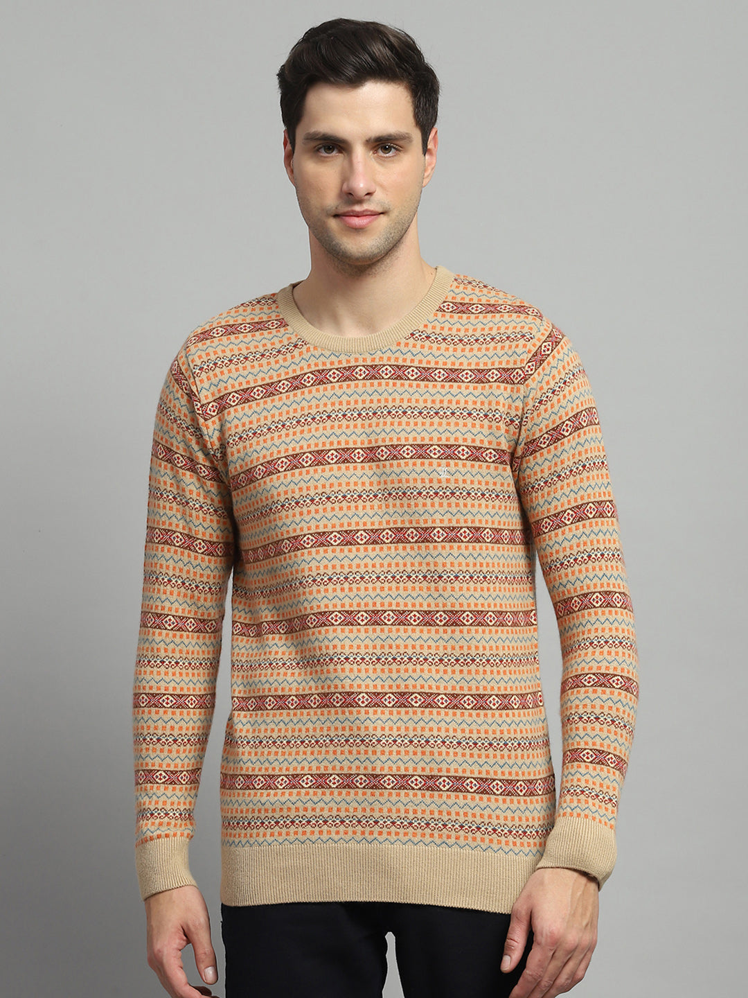 Men Camel Brown Self Design Round Neck Full Sleeve Pullover