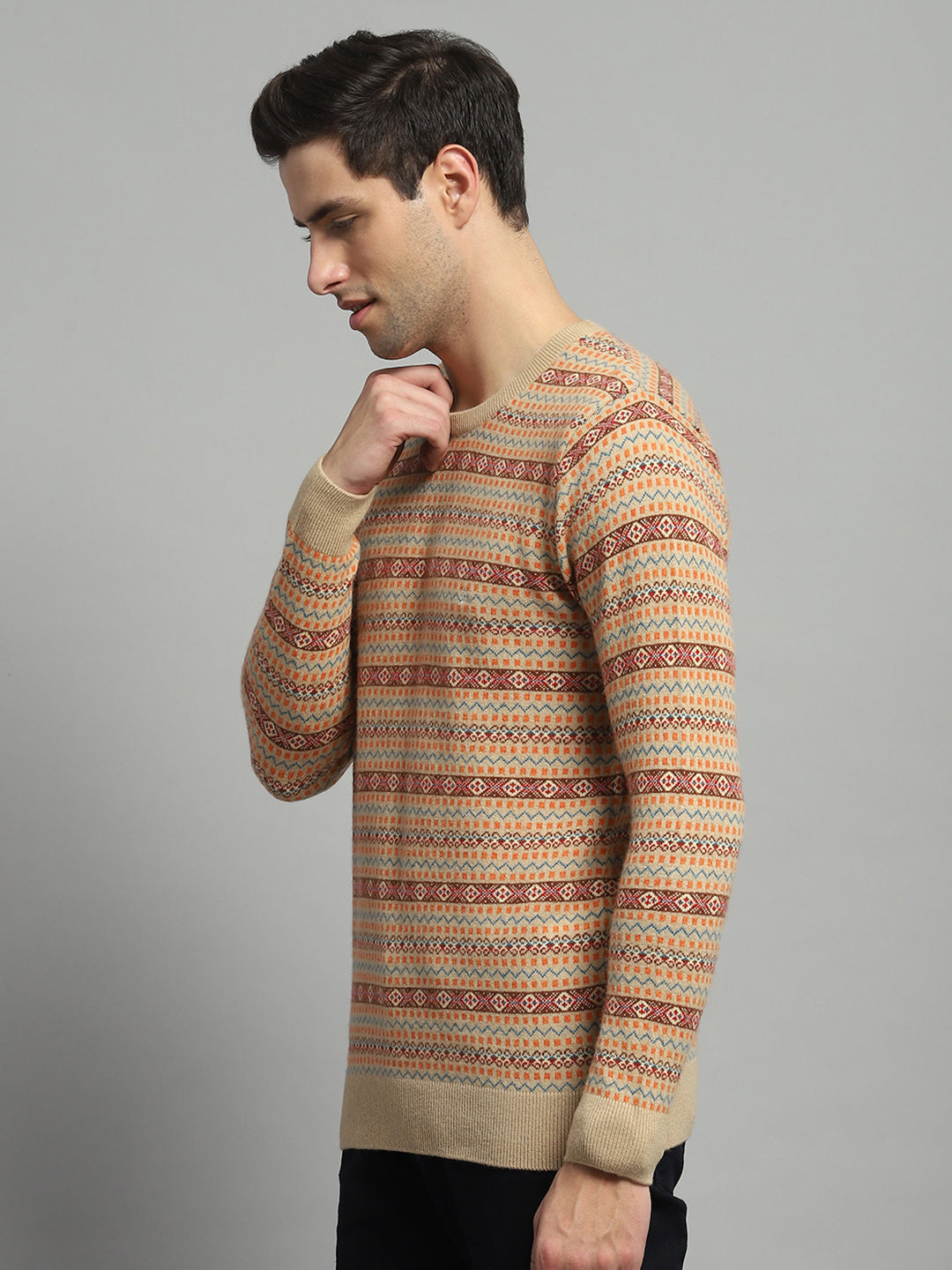 Men Camel Brown Self Design Round Neck Full Sleeve Pullover