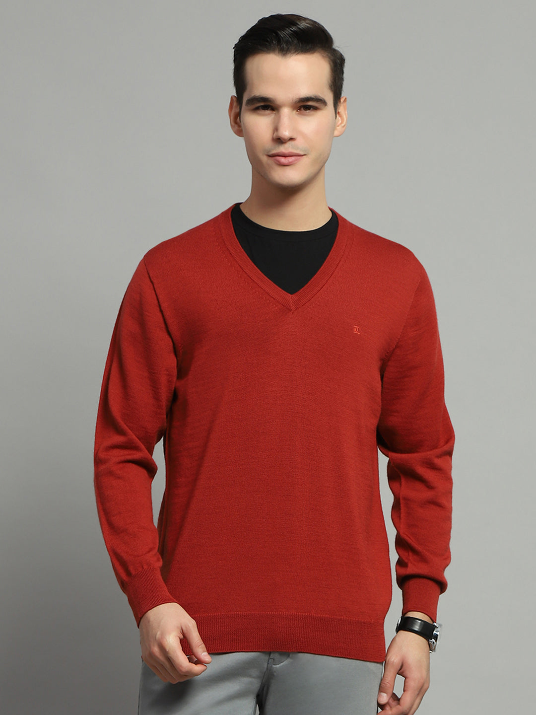 Men Rust Solid V Neck Full Sleeve Pullover