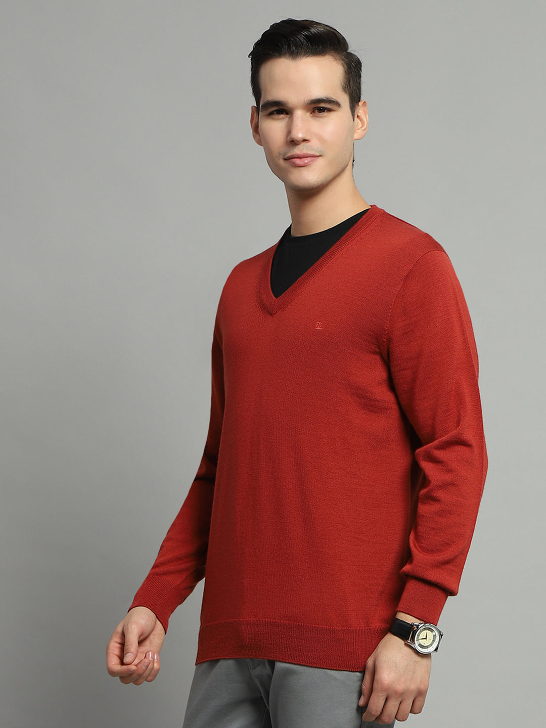 Men Rust Solid V Neck Full Sleeve Pullover