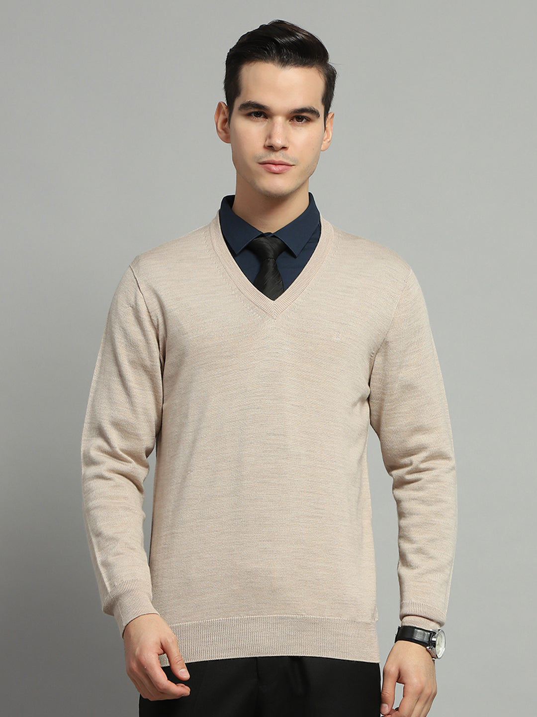 Men Beige Solid V Neck Full Sleeve Pullover