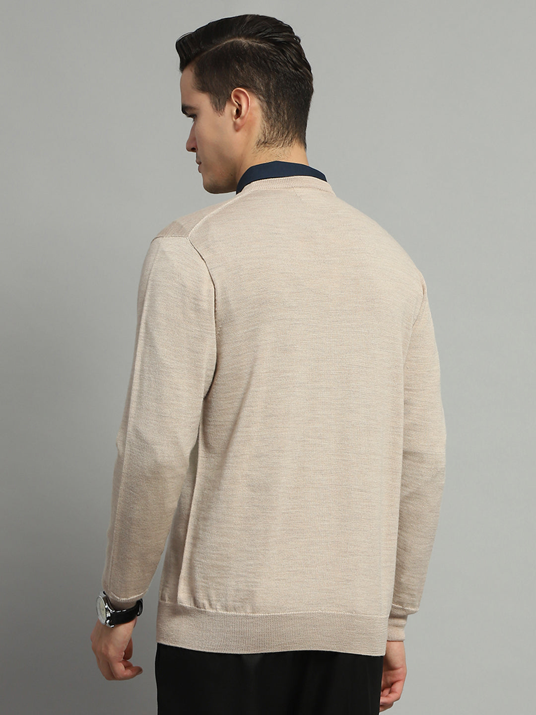 Men Beige Solid V Neck Full Sleeve Pullover