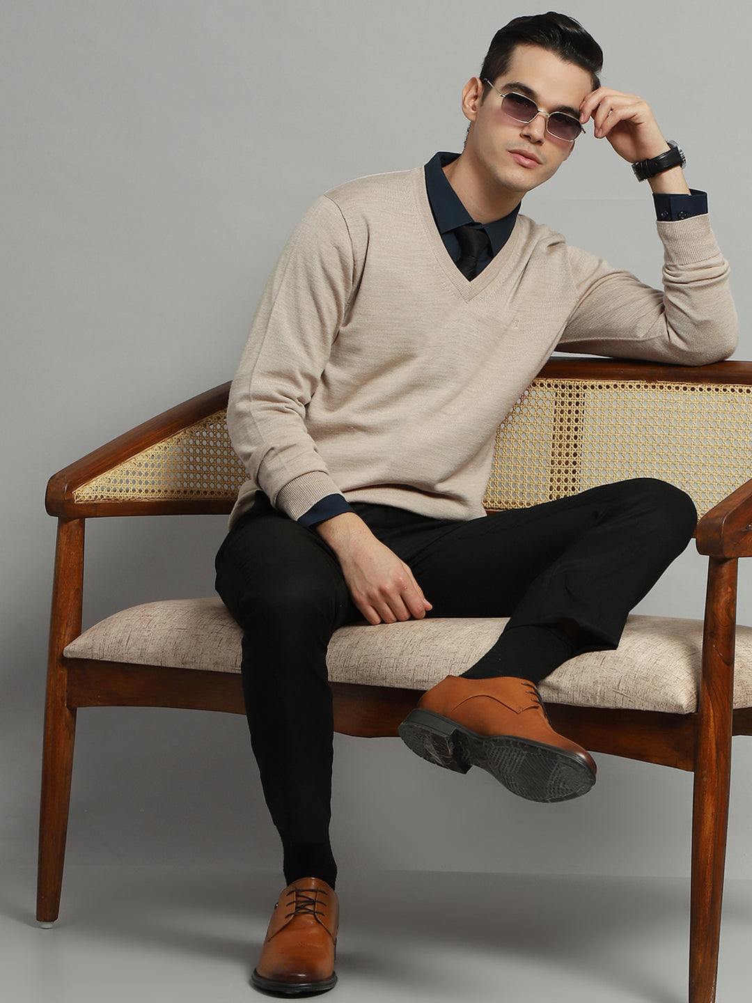 Men Beige Solid V Neck Full Sleeve Pullover