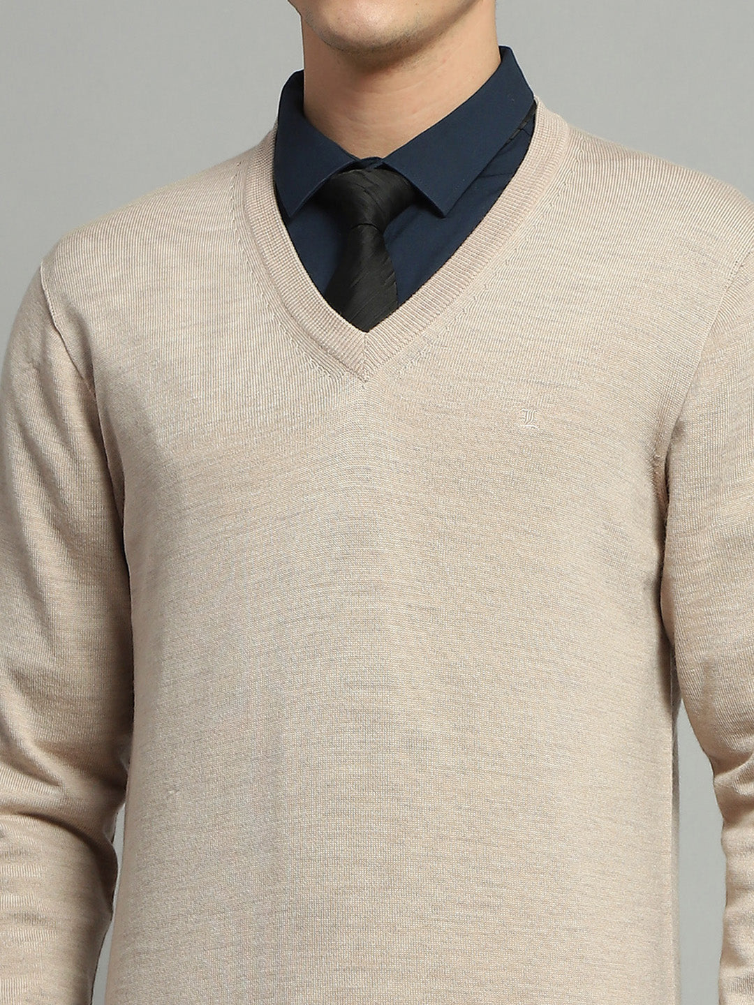 Men Beige Solid V Neck Full Sleeve Pullover