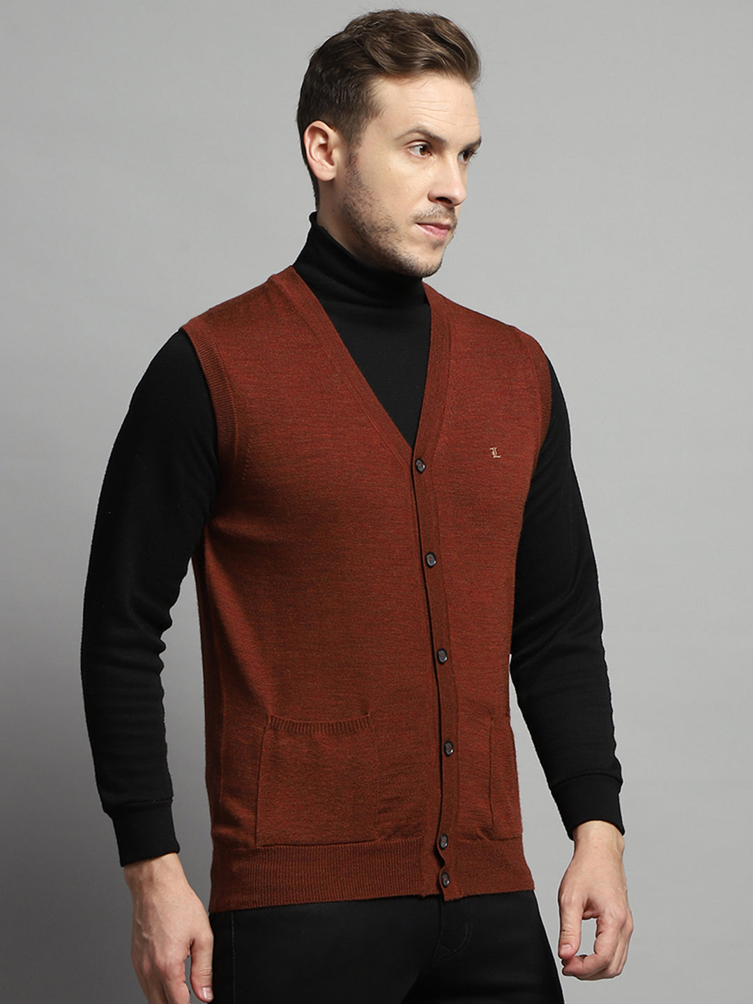 Men Rust Solid V Neck Sleeveless Cardigan