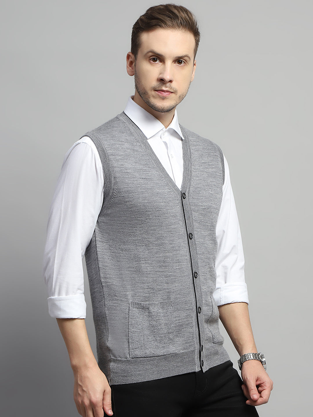 Men Grey Solid V Neck Sleeveless Cardigan