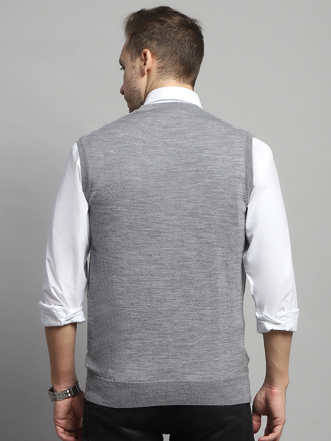 Men Grey Solid V Neck Sleeveless Cardigan