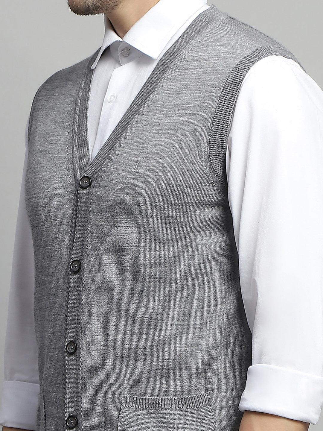 Men Grey Solid V Neck Sleeveless Cardigan