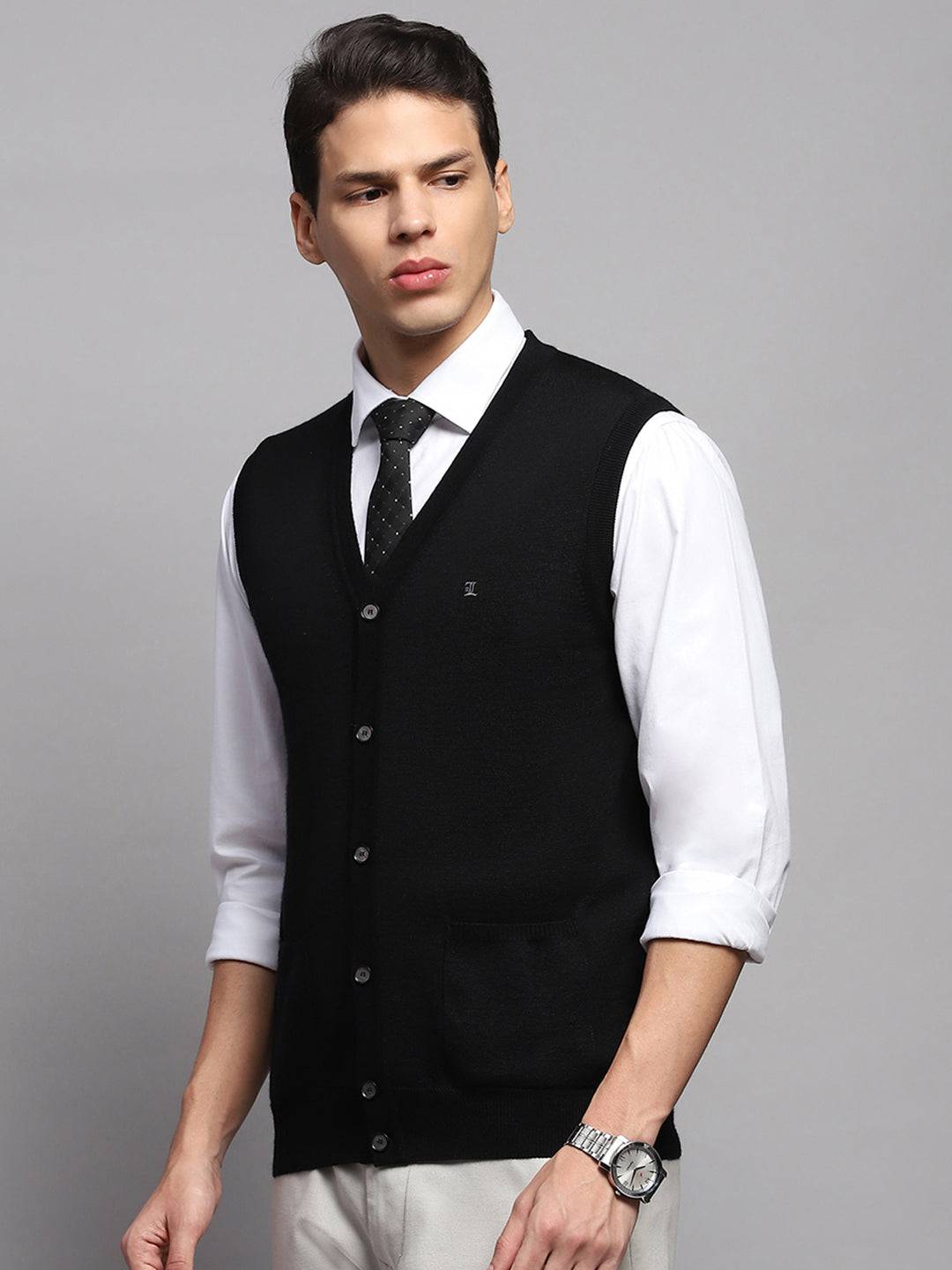 Men Black Solid V Neck Sleeveless Cardigan