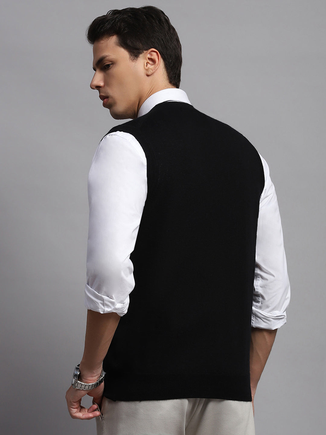 Men Black Solid V Neck Sleeveless Cardigan