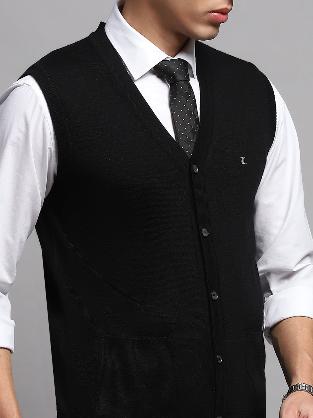 Men Black Solid V Neck Sleeveless Cardigan