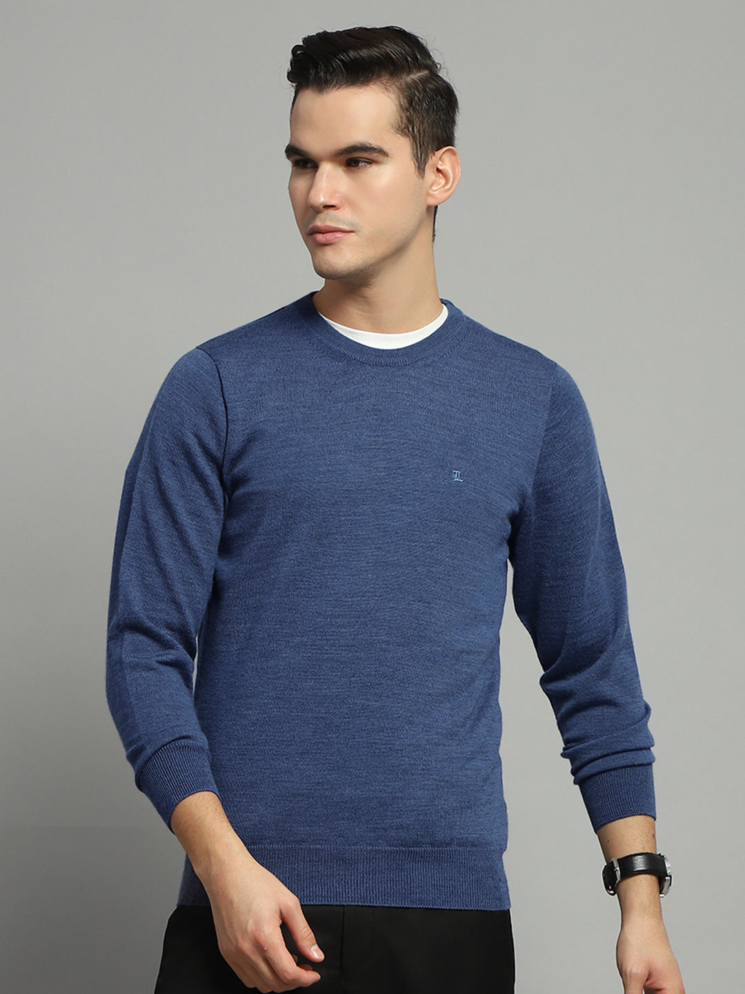 Men Blue Solid Round Neck Full Sleeve Pullover