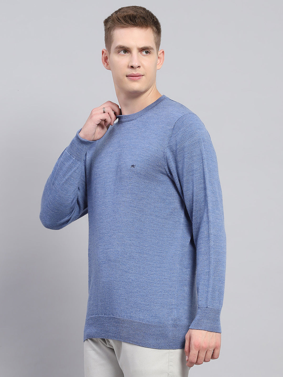 Men Blue Solid Round Neck Full Sleeve Pullover