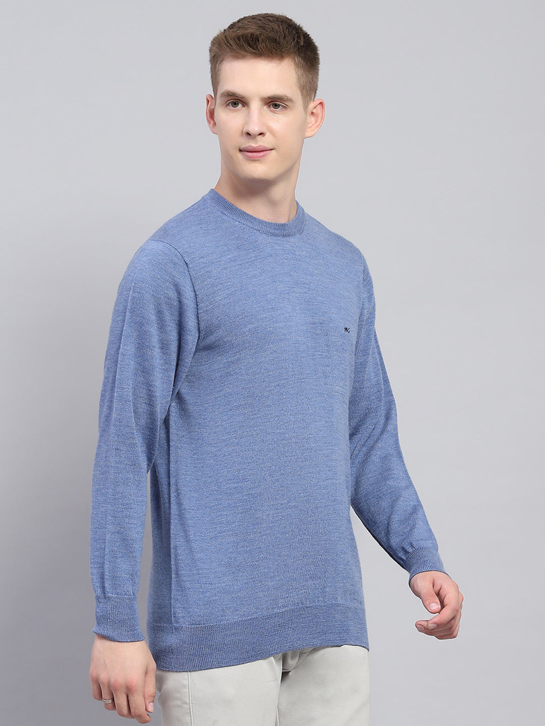 Men Blue Solid Round Neck Full Sleeve Pullover