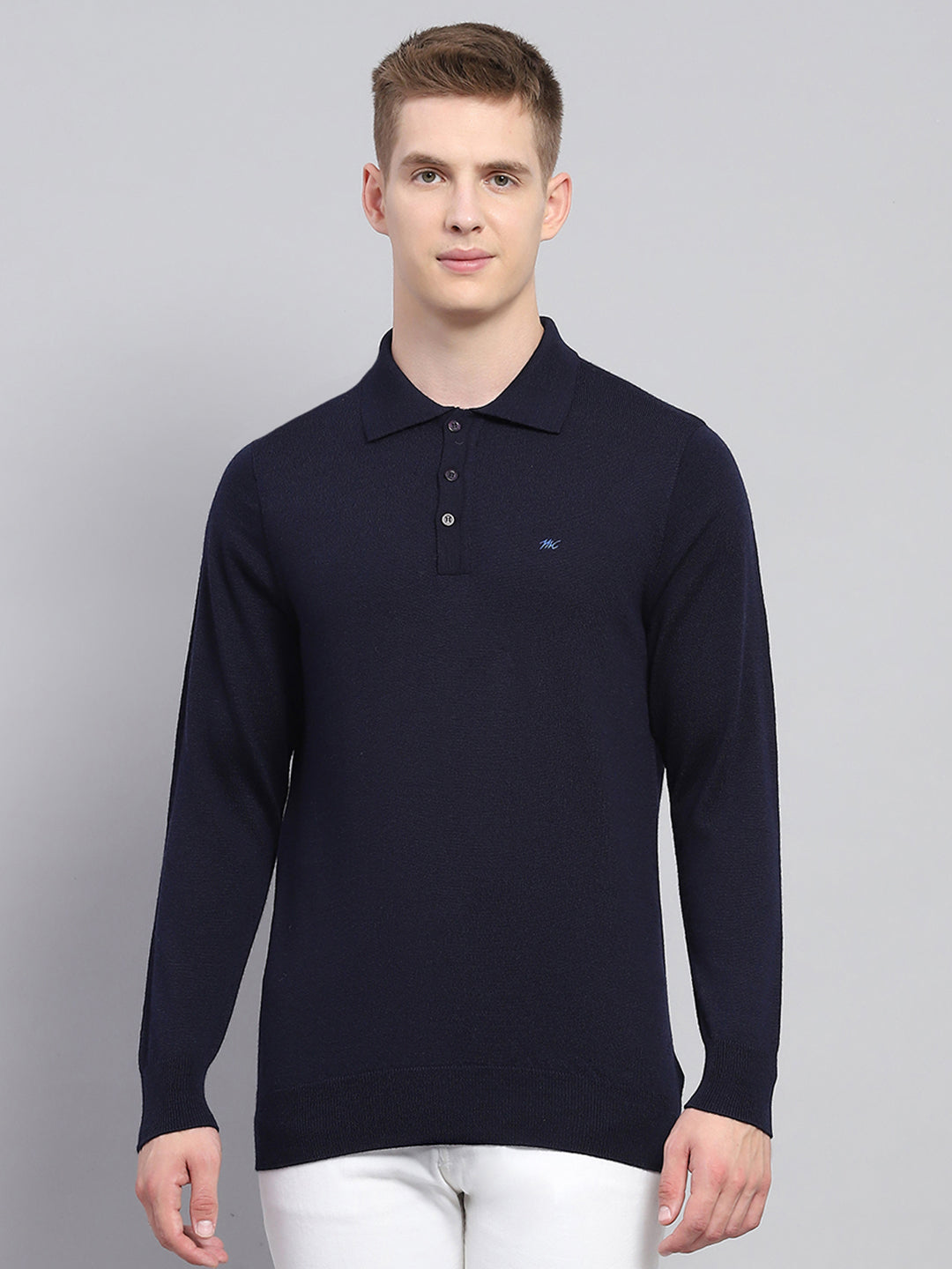 Men Navy Blue Solid Collar Full Sleeve Winter T-Shirt