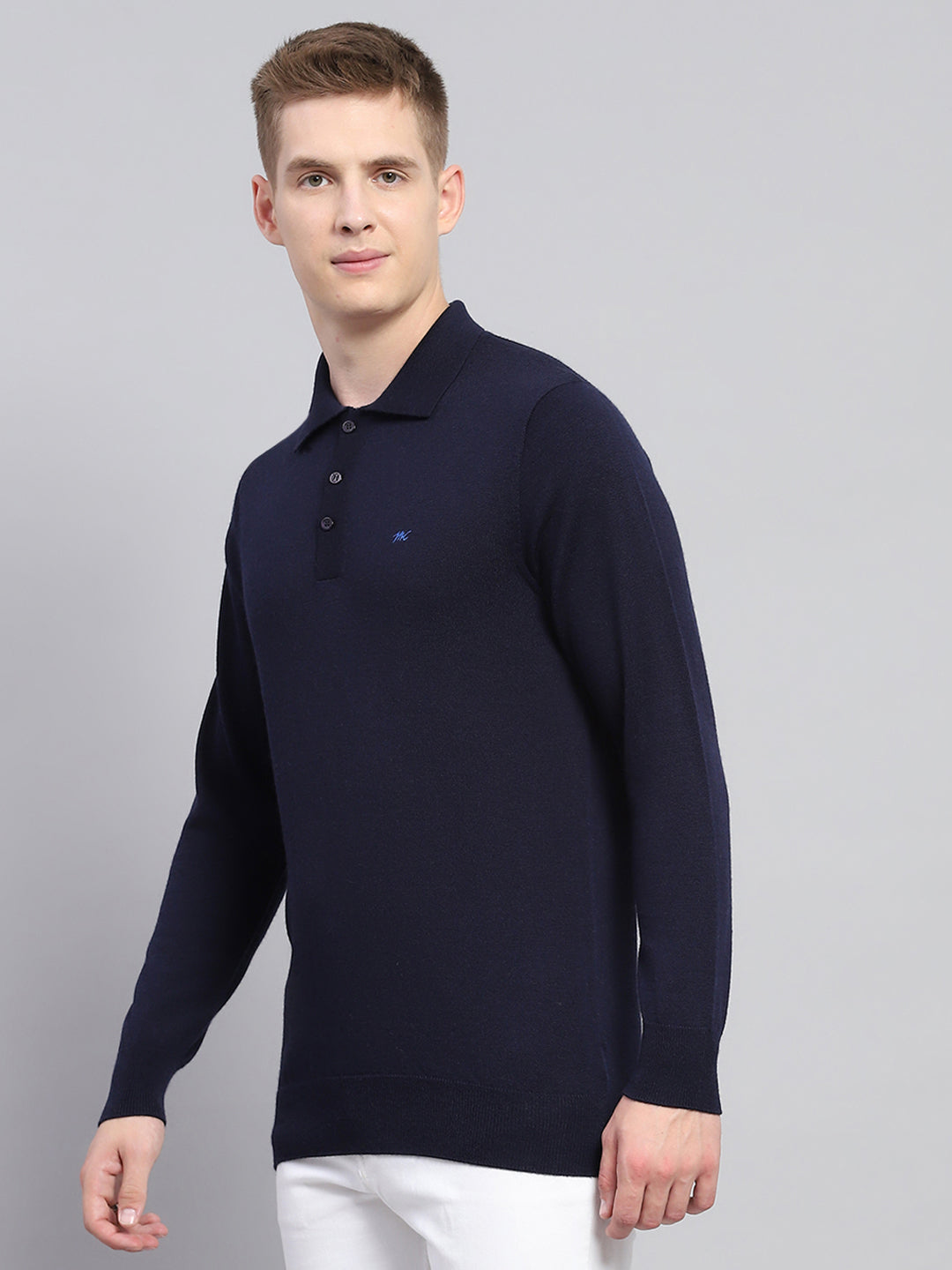 Men Navy Blue Solid Collar Full Sleeve Winter T-Shirt