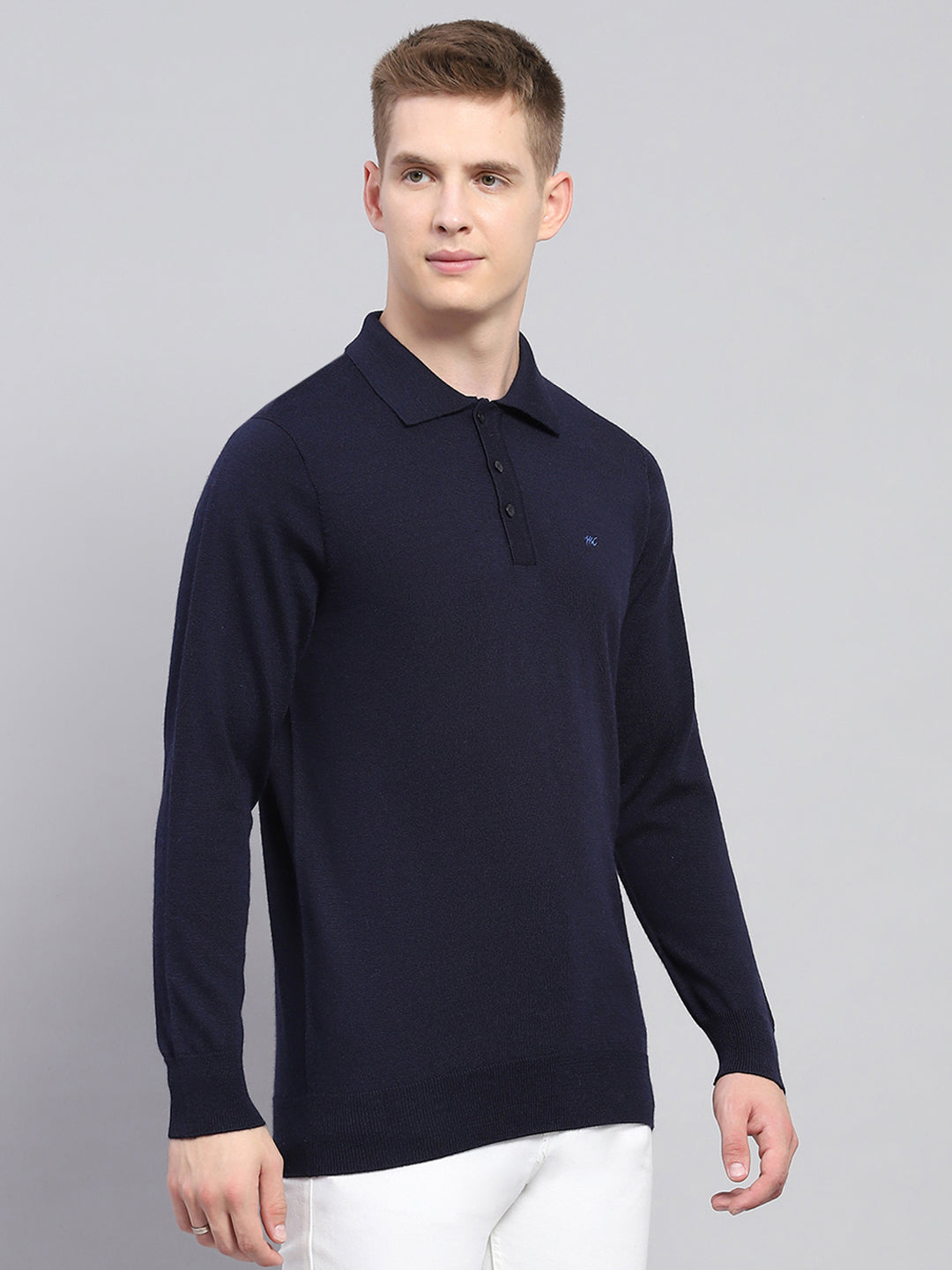 Men Navy Blue Solid Collar Full Sleeve Winter T-Shirt