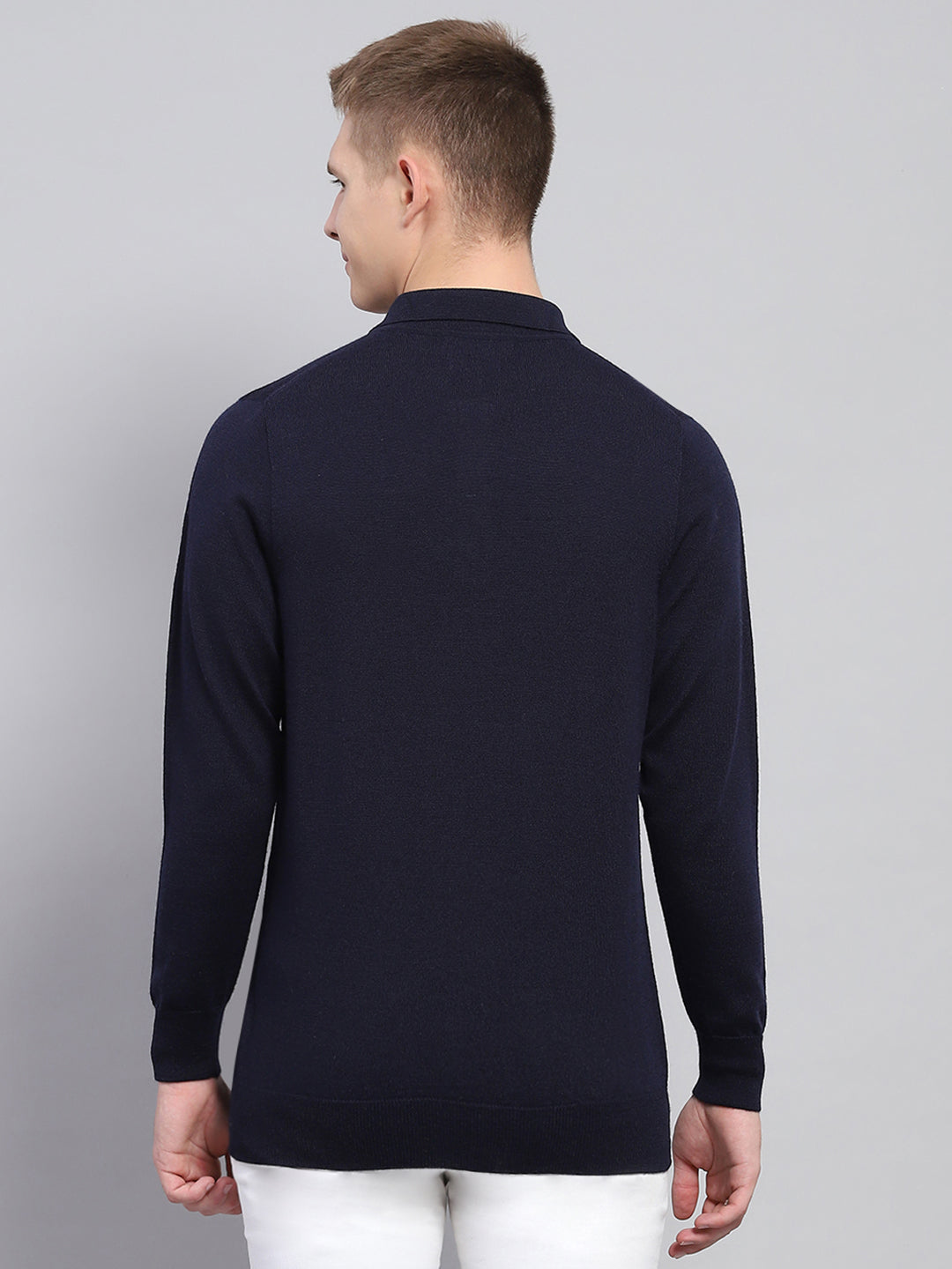 Men Navy Blue Solid Collar Full Sleeve Winter T-Shirt