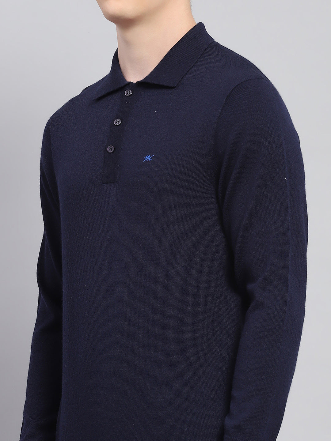 Men Navy Blue Solid Collar Full Sleeve Winter T-Shirt