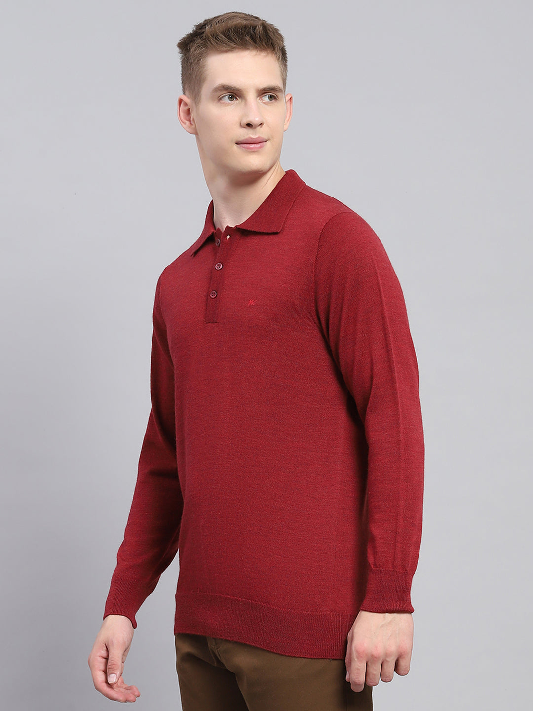 Men Maroon Solid Collar Full Sleeve Winter T-Shirt