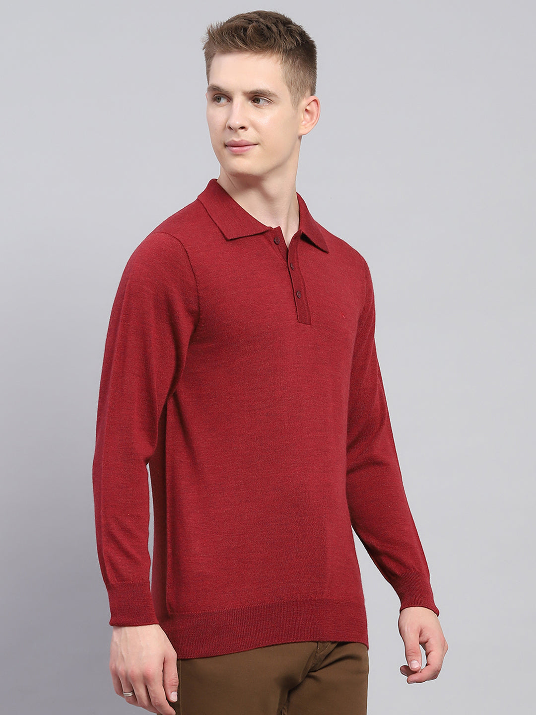 Men Maroon Solid Collar Full Sleeve Winter T-Shirt