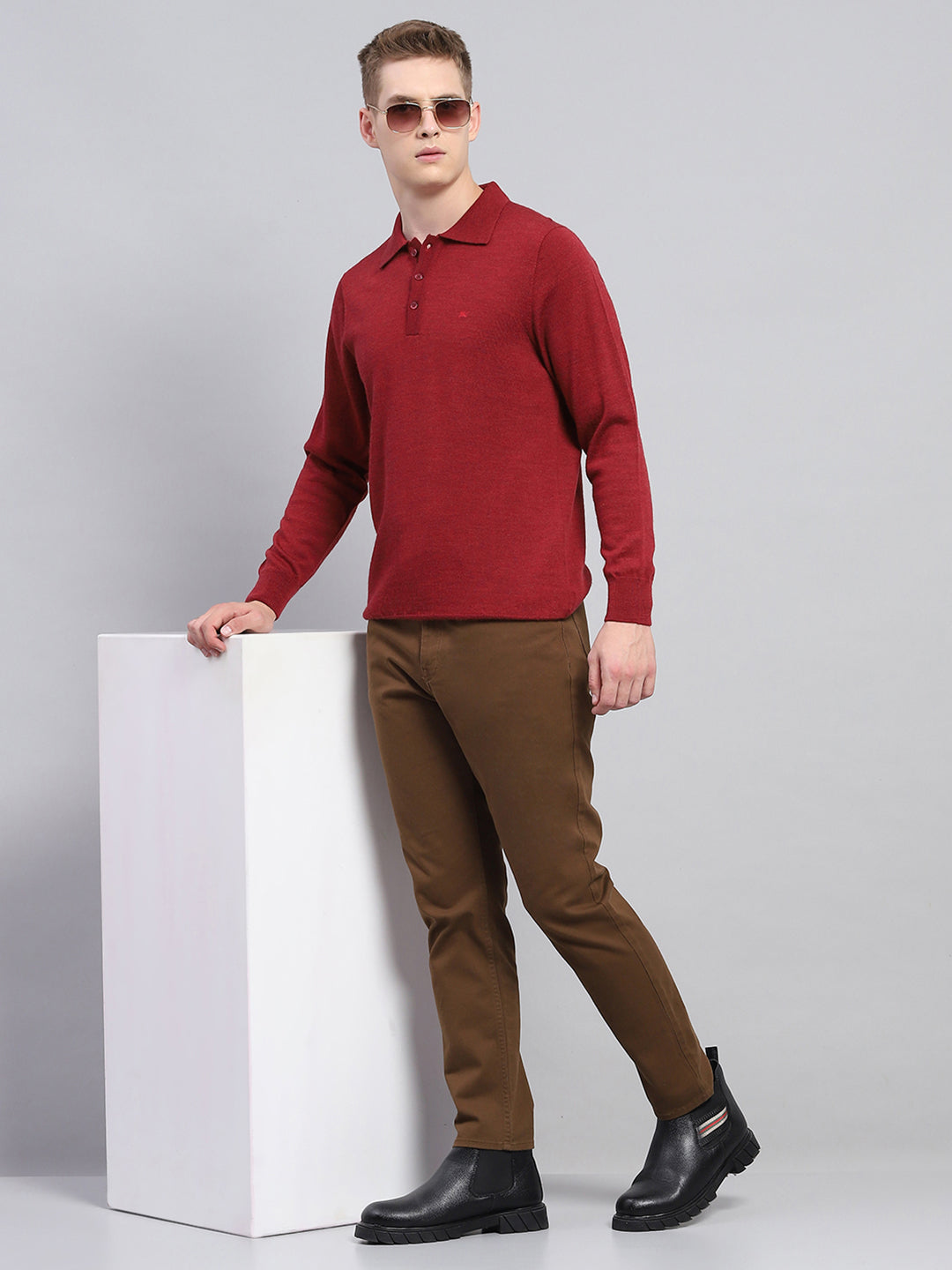 Men Maroon Solid Collar Full Sleeve Winter T-Shirt