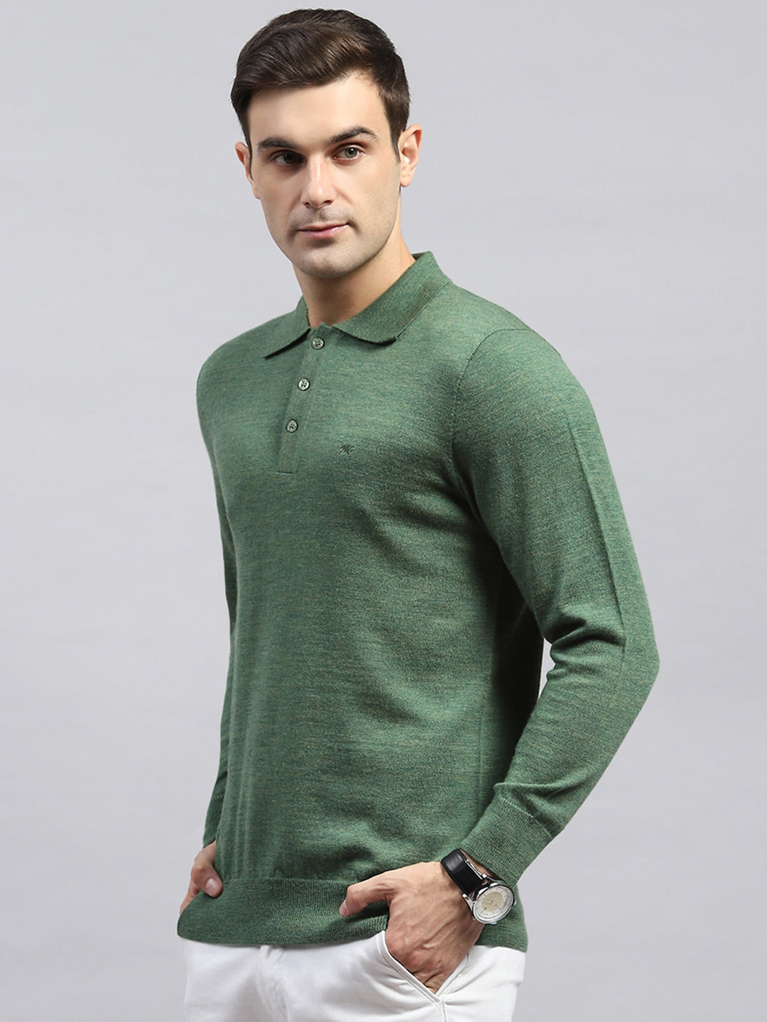 Men Green Solid Collar Full Sleeve Winter T-Shirt