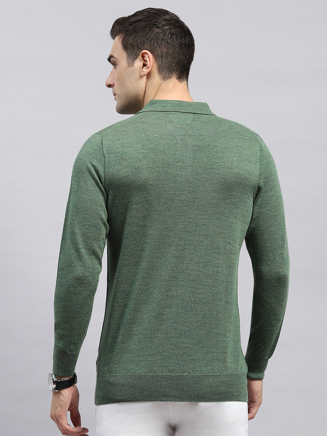 Men Green Solid Collar Full Sleeve Winter T-Shirt