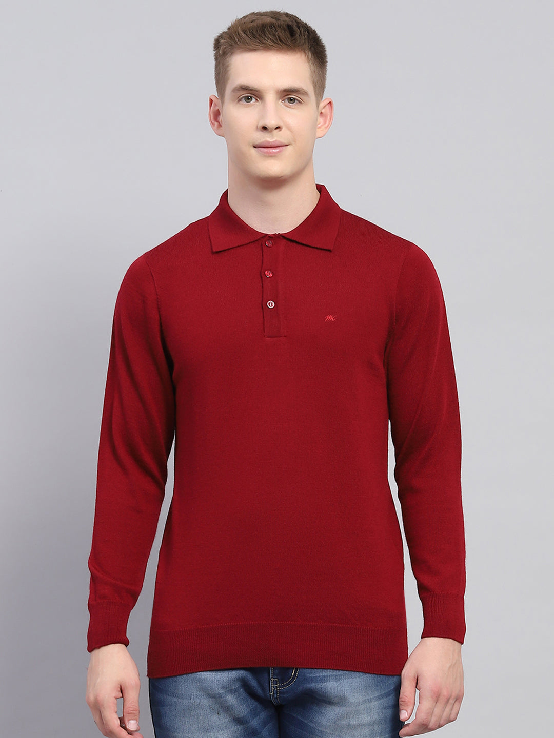 Men Maroon Solid Collar Full Sleeve Winter T-Shirt