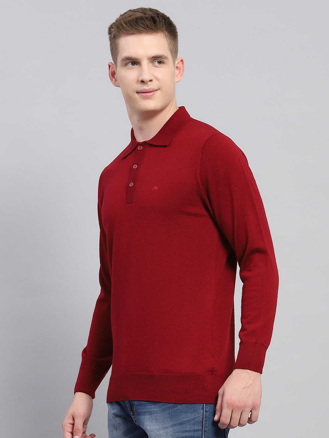 Men Maroon Solid Collar Full Sleeve Winter T-Shirt