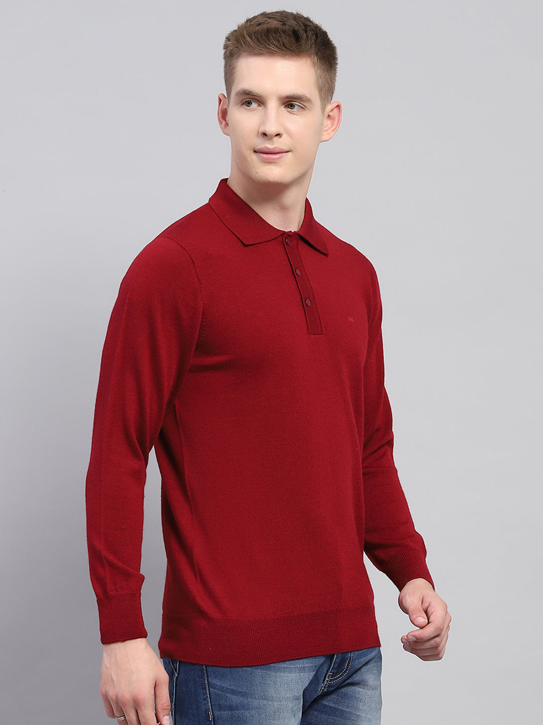 Men Maroon Solid Collar Full Sleeve Winter T-Shirt