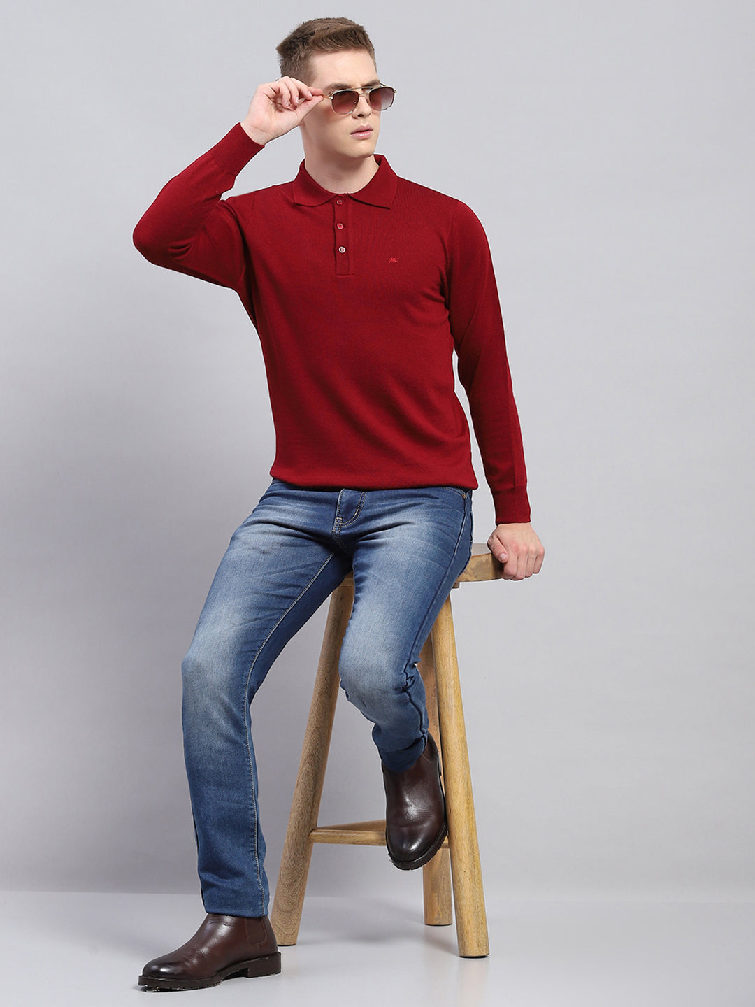 Men Maroon Solid Collar Full Sleeve Winter T-Shirt