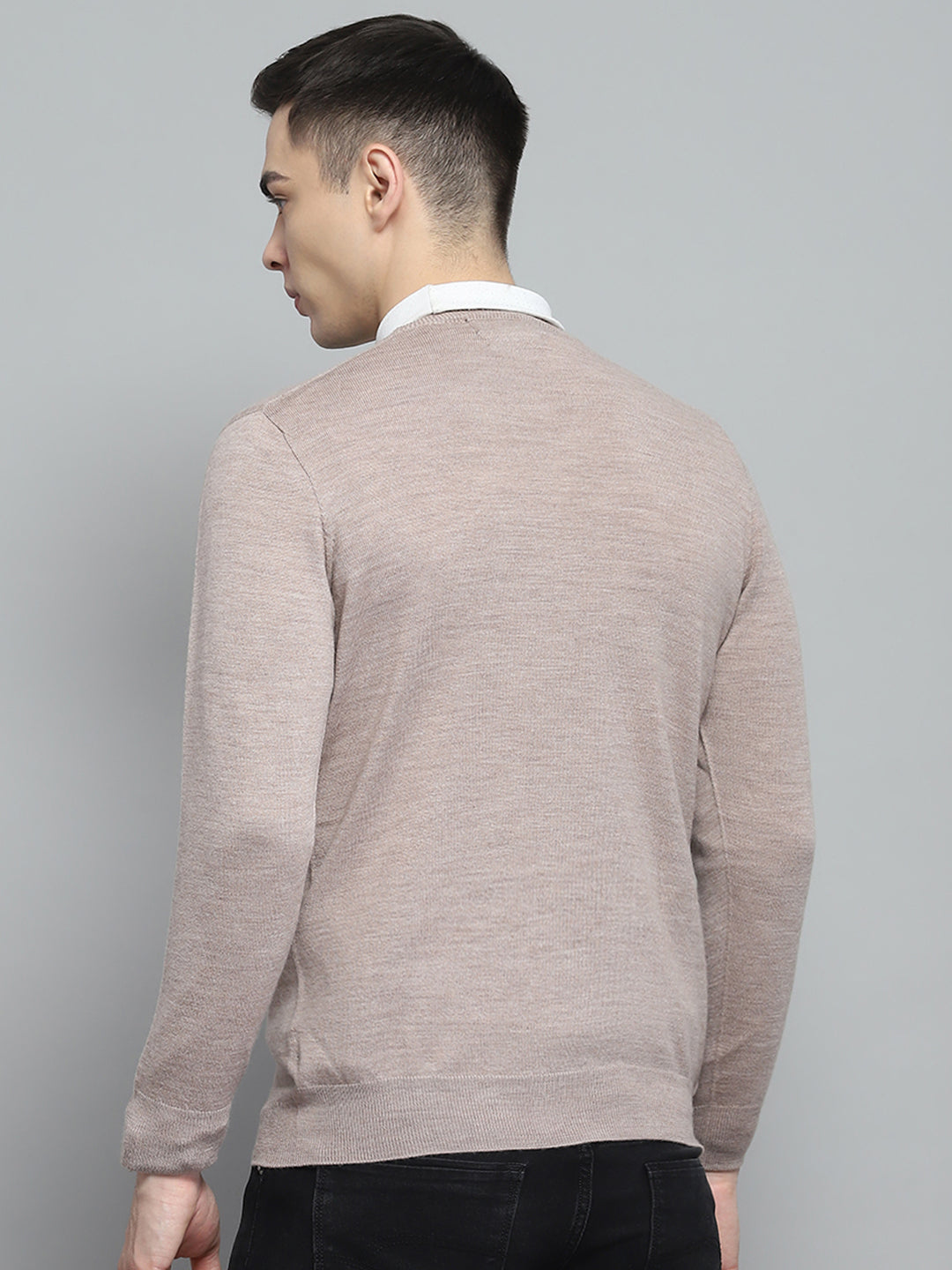 Men Beige Solid V Neck Full Sleeve Pullover