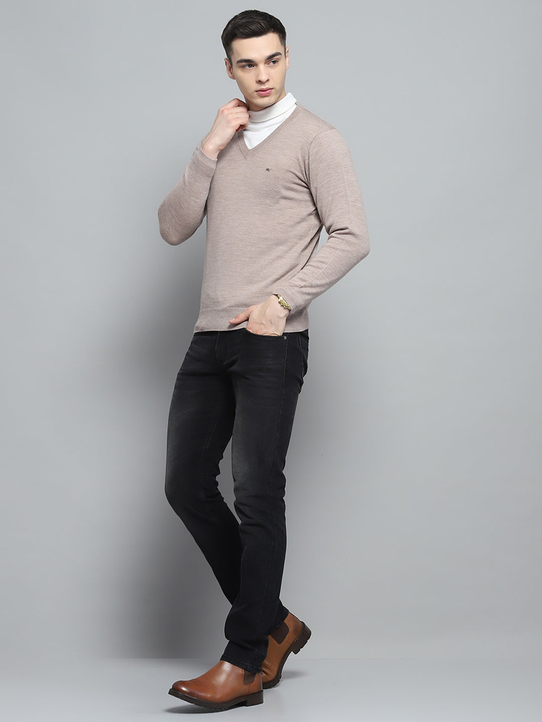 Men Beige Solid V Neck Full Sleeve Pullover