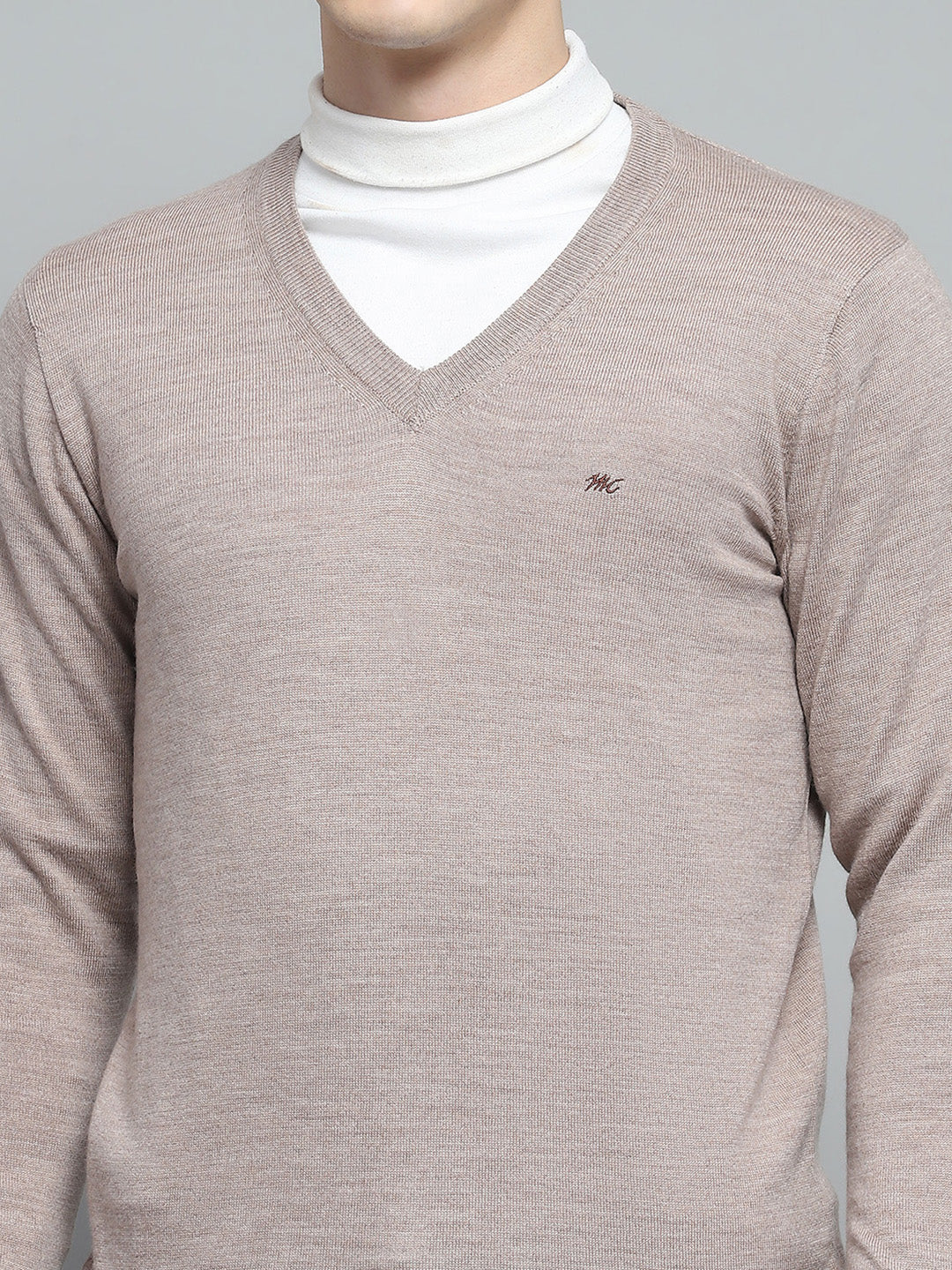 Men Beige Solid V Neck Full Sleeve Pullover