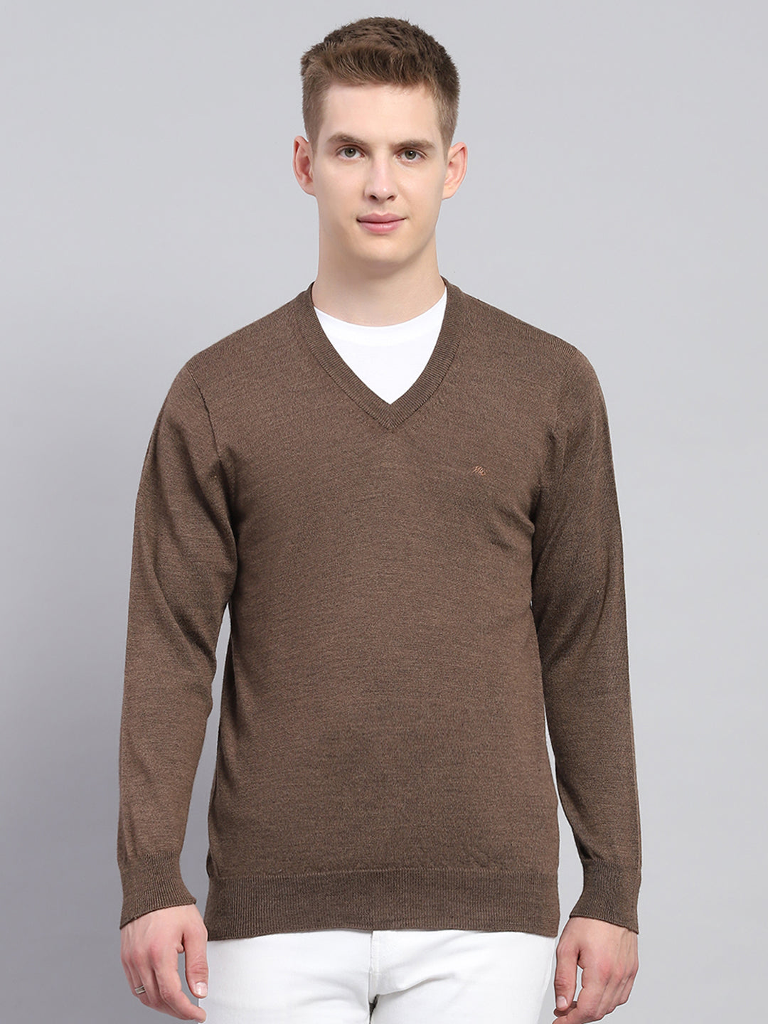 Men Brown Solid V Neck Full Sleeve Pullover