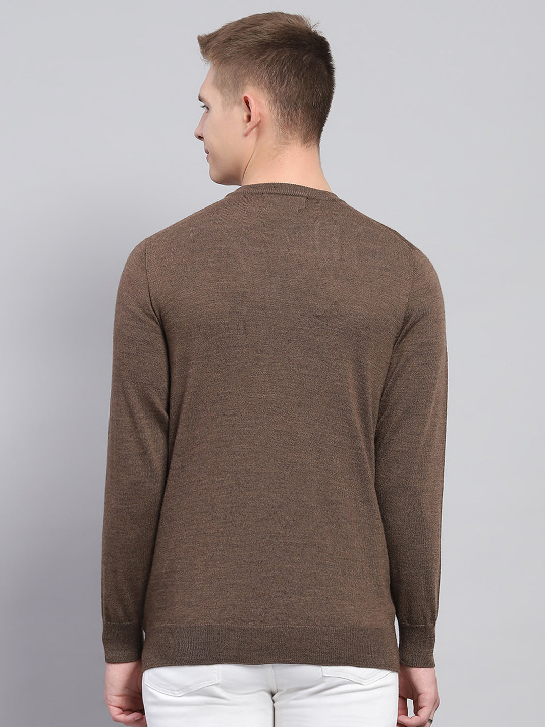 Men Brown Solid V Neck Full Sleeve Pullover