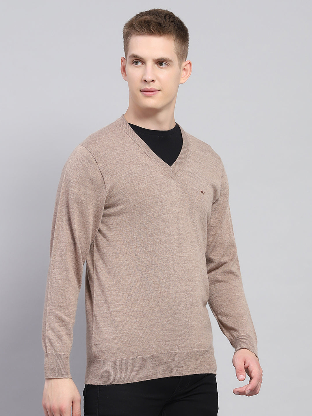 Men Beige Solid V Neck Full Sleeve Pullover