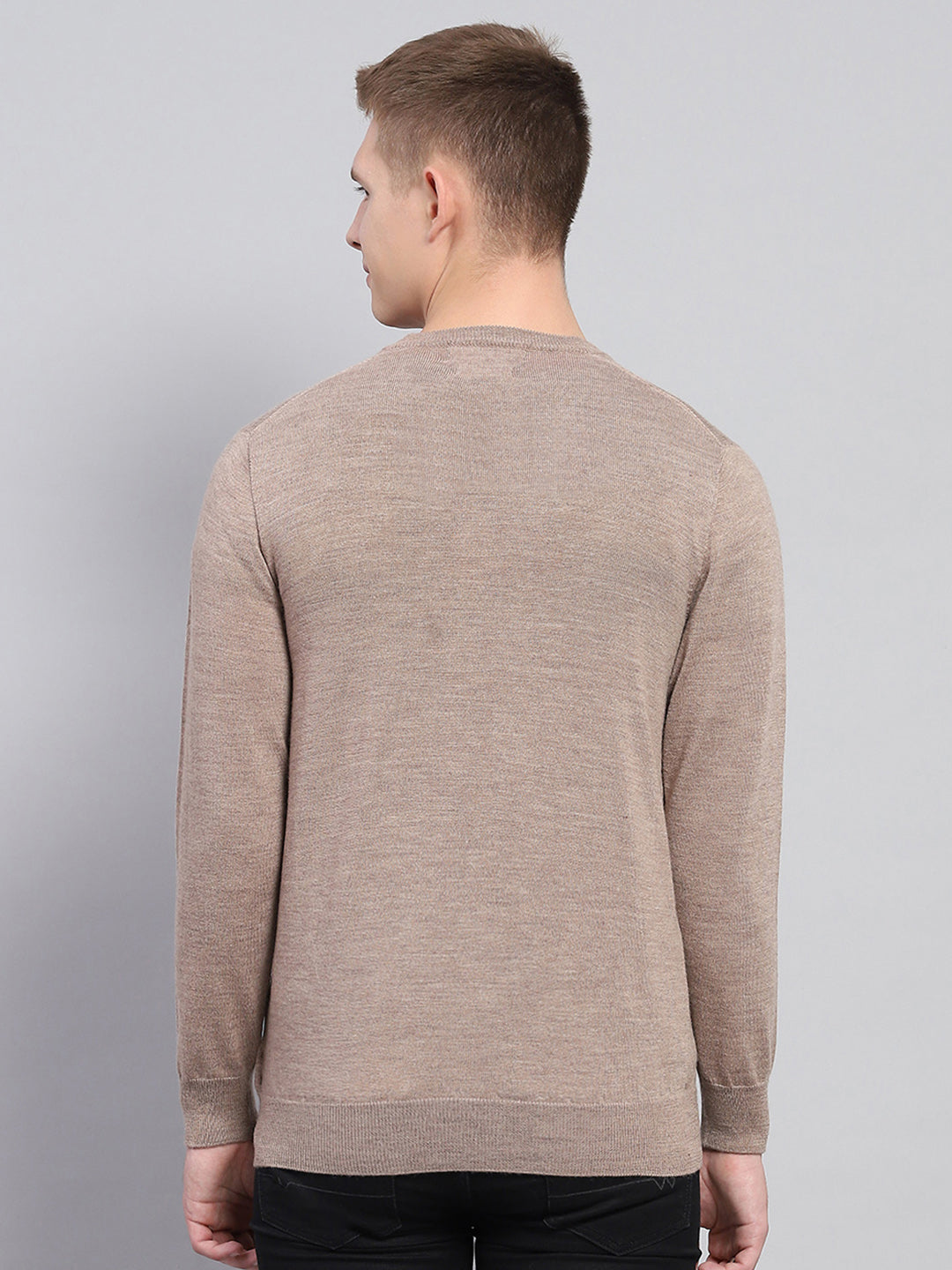 Men Beige Solid V Neck Full Sleeve Pullover