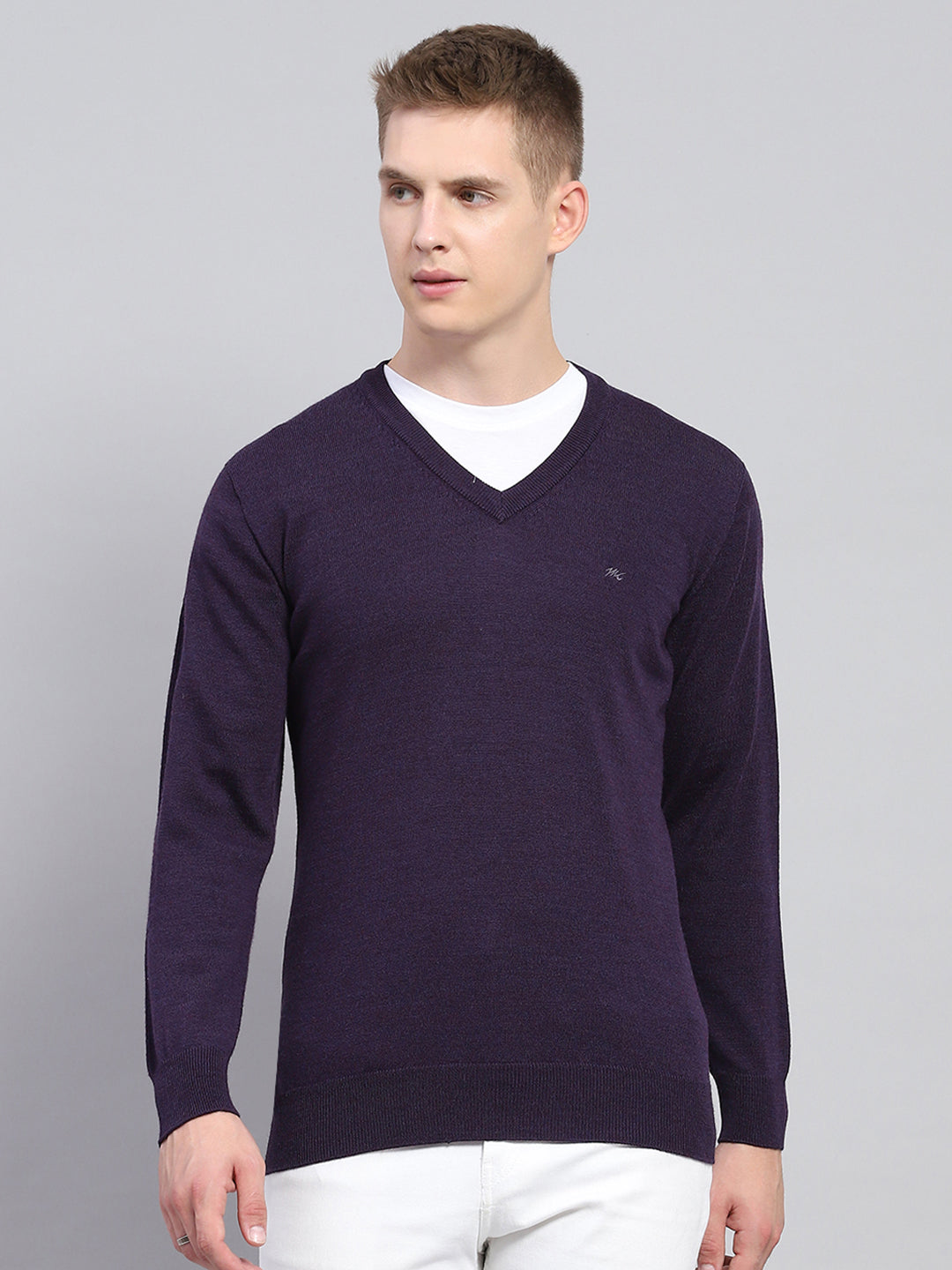 Men Purple Solid V Neck Full Sleeve Pullover