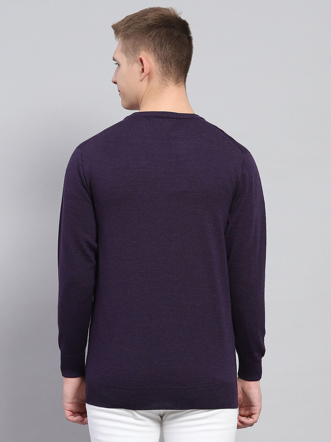 Men Purple Solid V Neck Full Sleeve Pullover