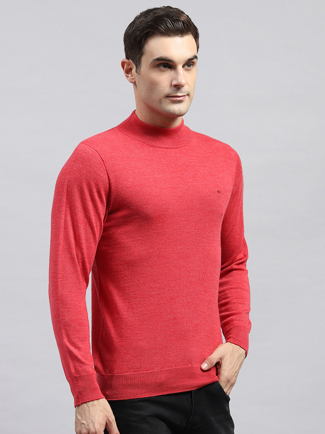 Men Red Solid High Neck Full Sleeve Pullover