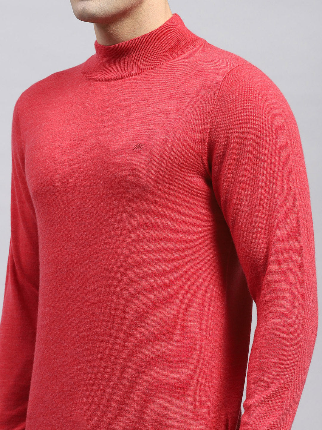 Men Red Solid High Neck Full Sleeve Pullover