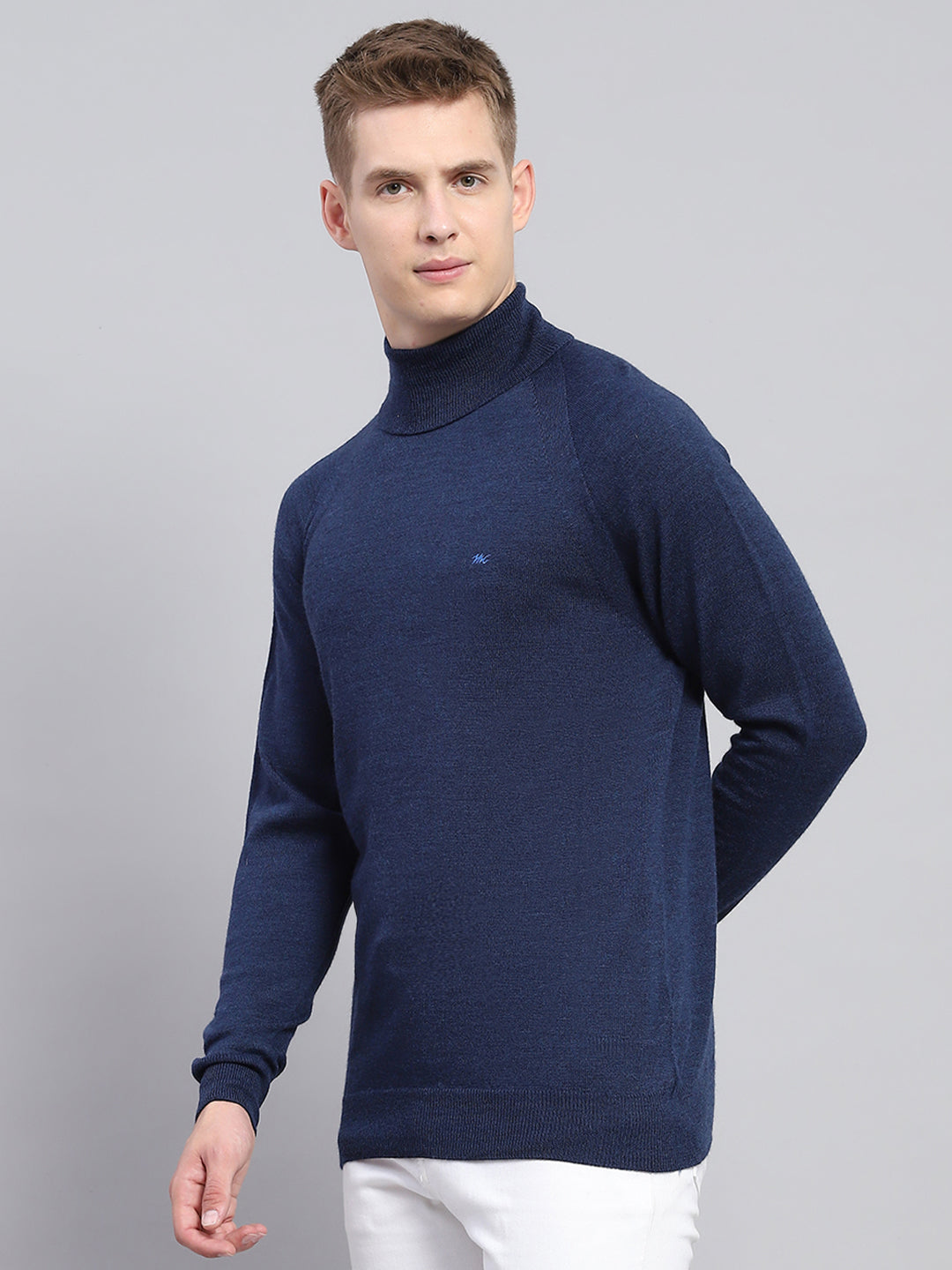 Men Navy Blue Solid High Neck Full Sleeve Pullover