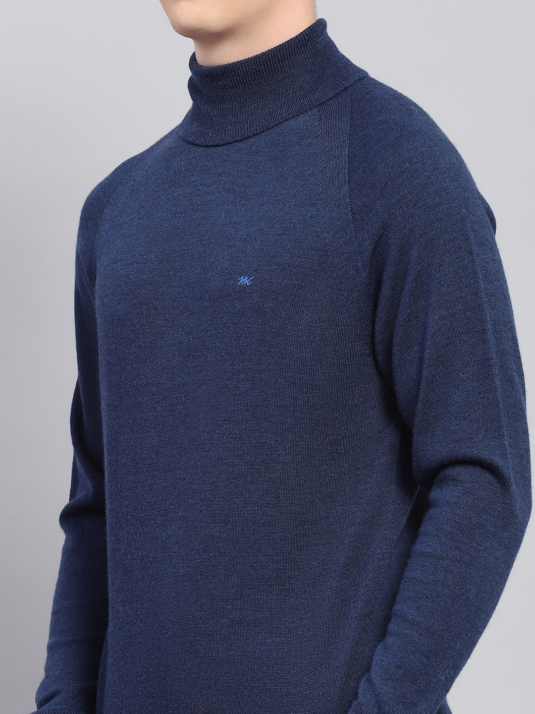 Men Navy Blue Solid High Neck Full Sleeve Pullover