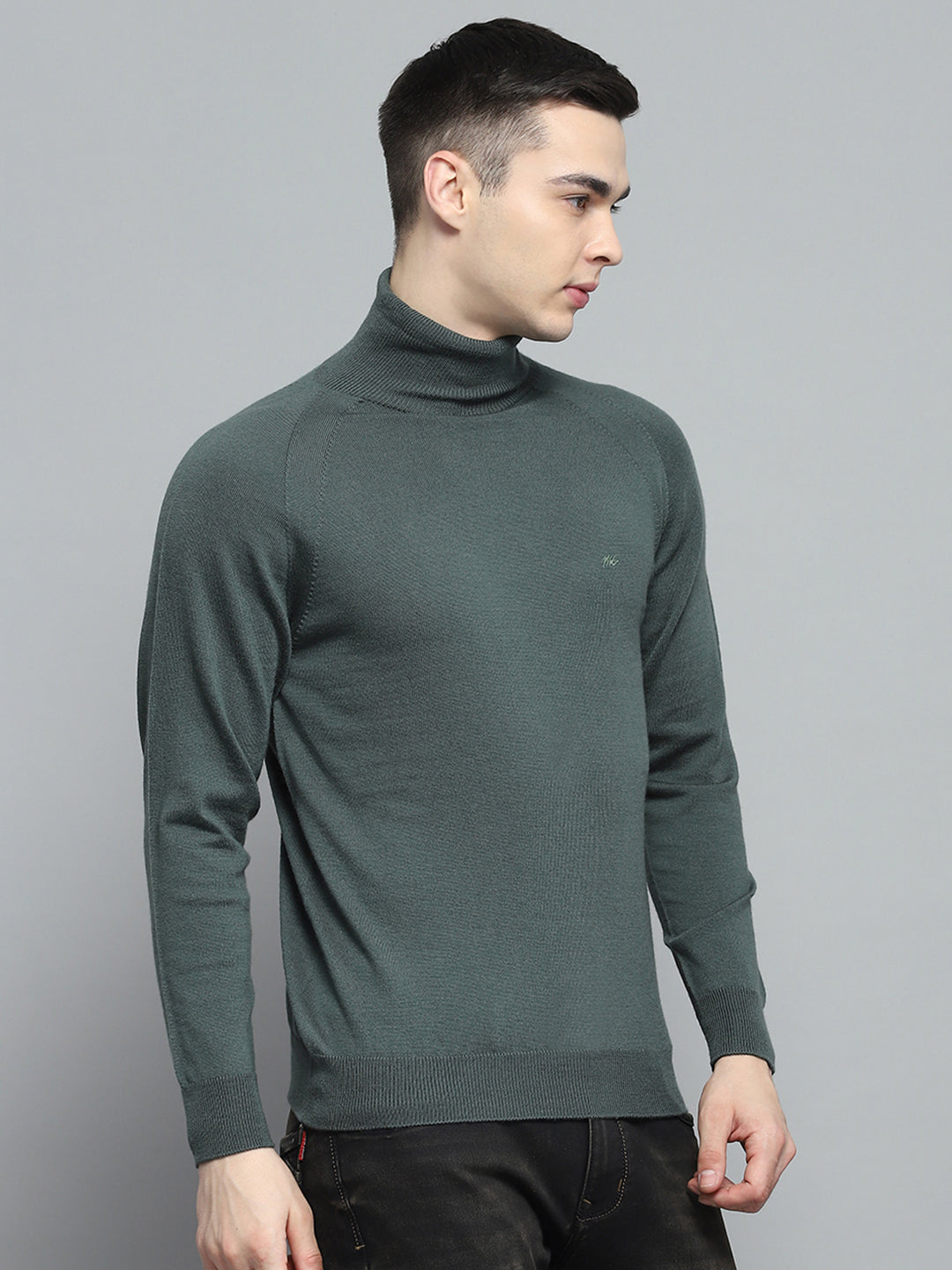 Men Olive Solid High Neck Full Sleeve Pullover