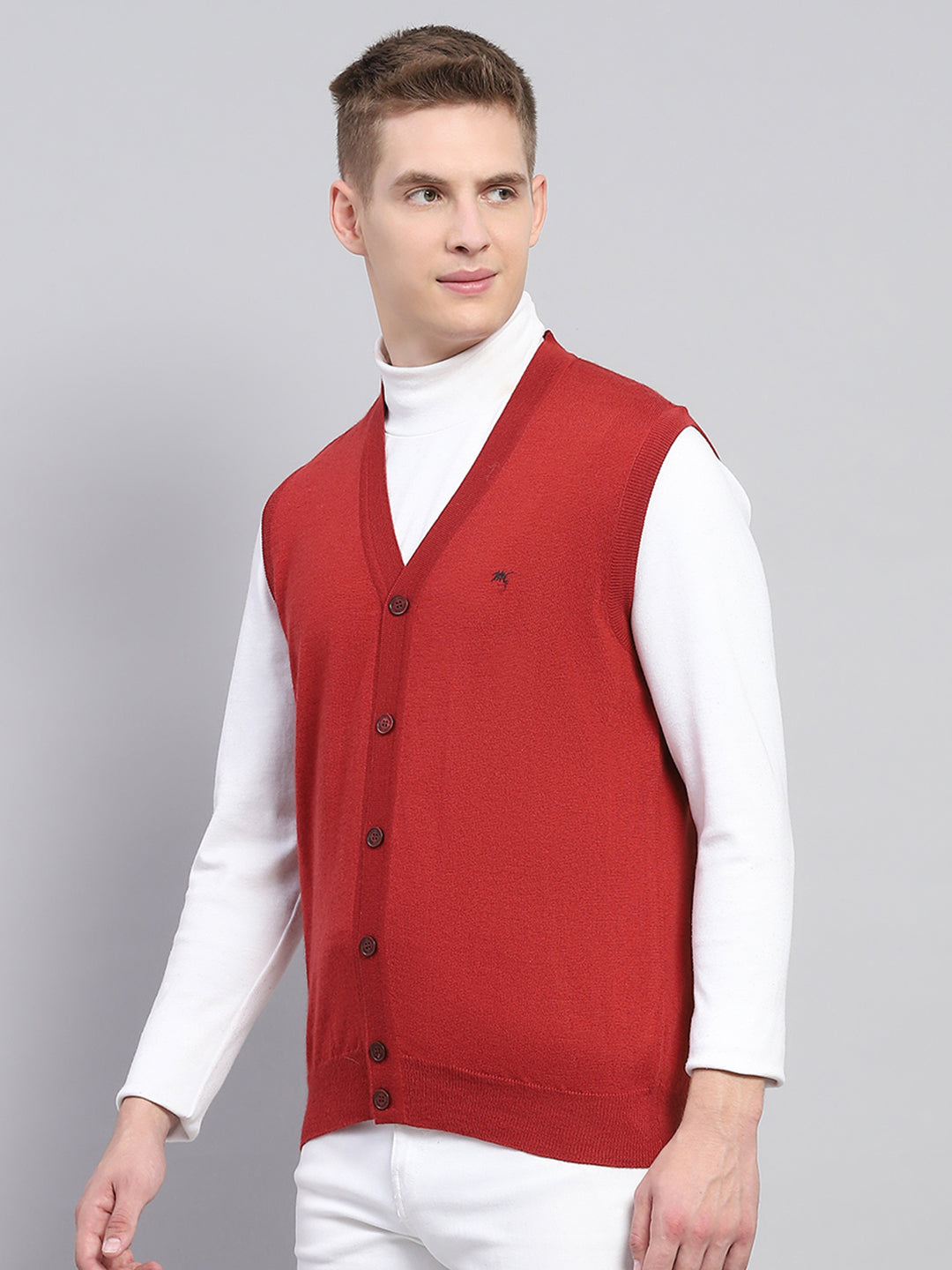 Men Red Solid V Neck Sleeveless Cardigan