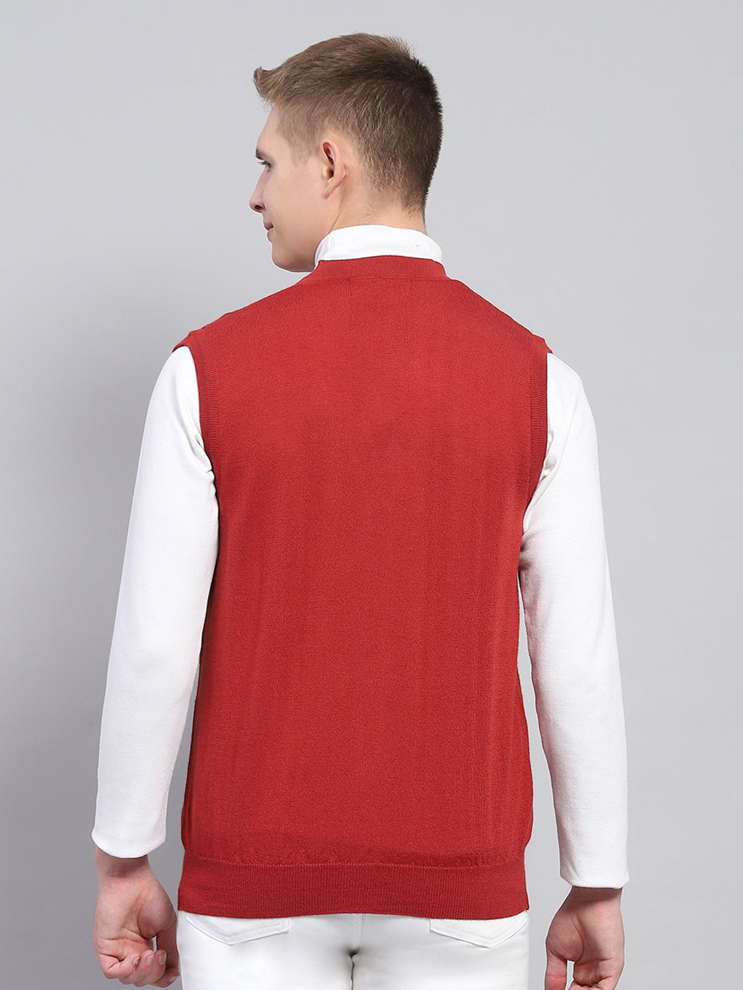 Men Red Solid V Neck Sleeveless Cardigan