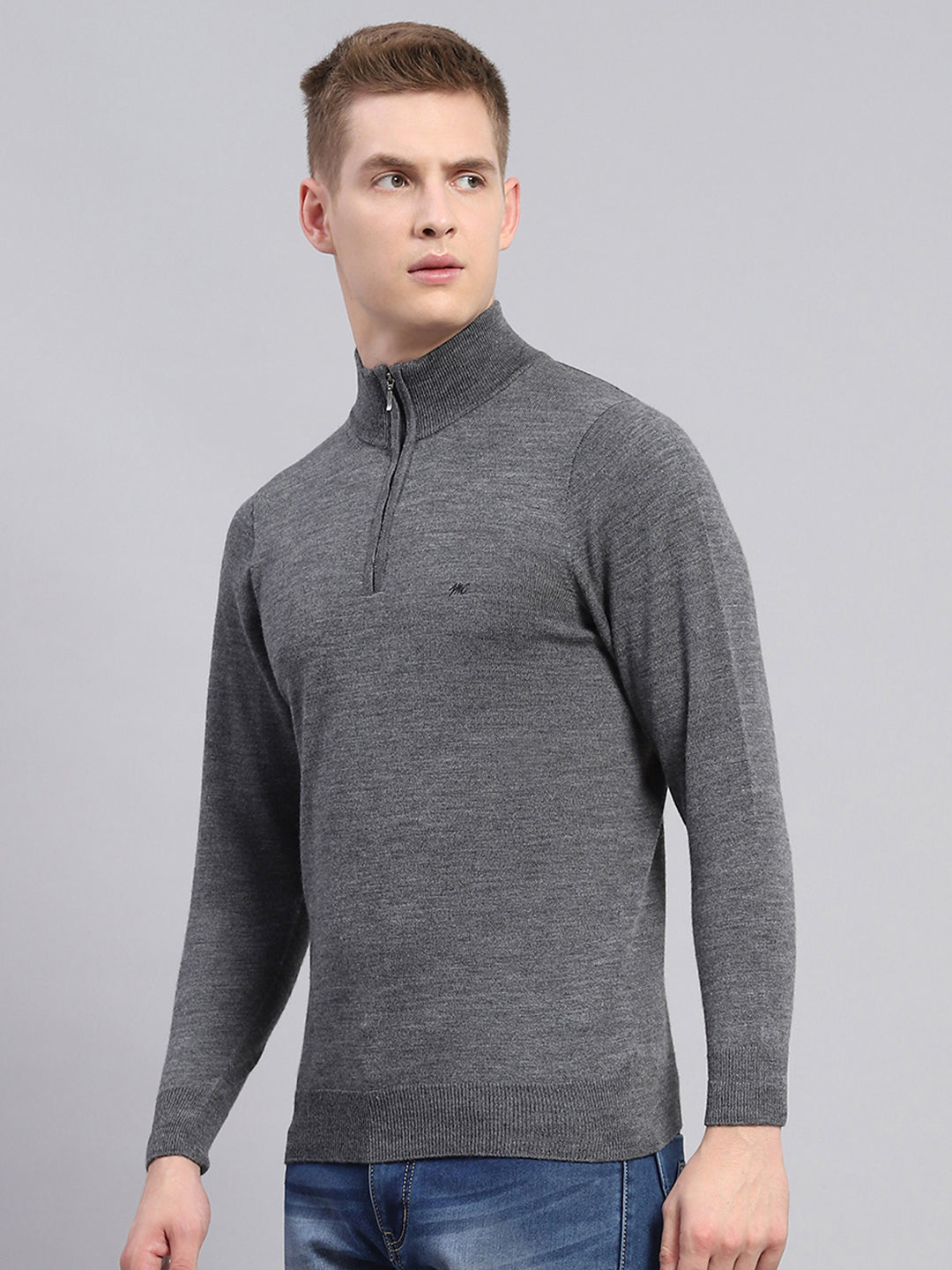 Men Grey Solid Mock Neck Full Sleeve Pullover